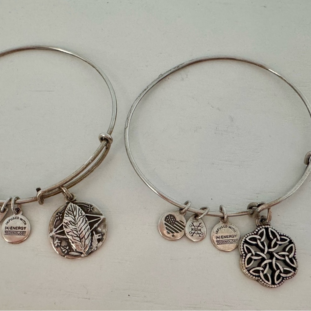Alex and Ani Silver Charm Bracelets with Leaf and Celtic Designs